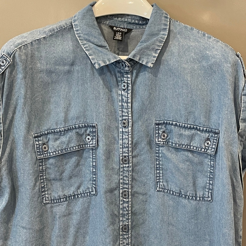 Buffalo David Bitton Womens Sleeveless Denim Shirt Light Wash Blue Large